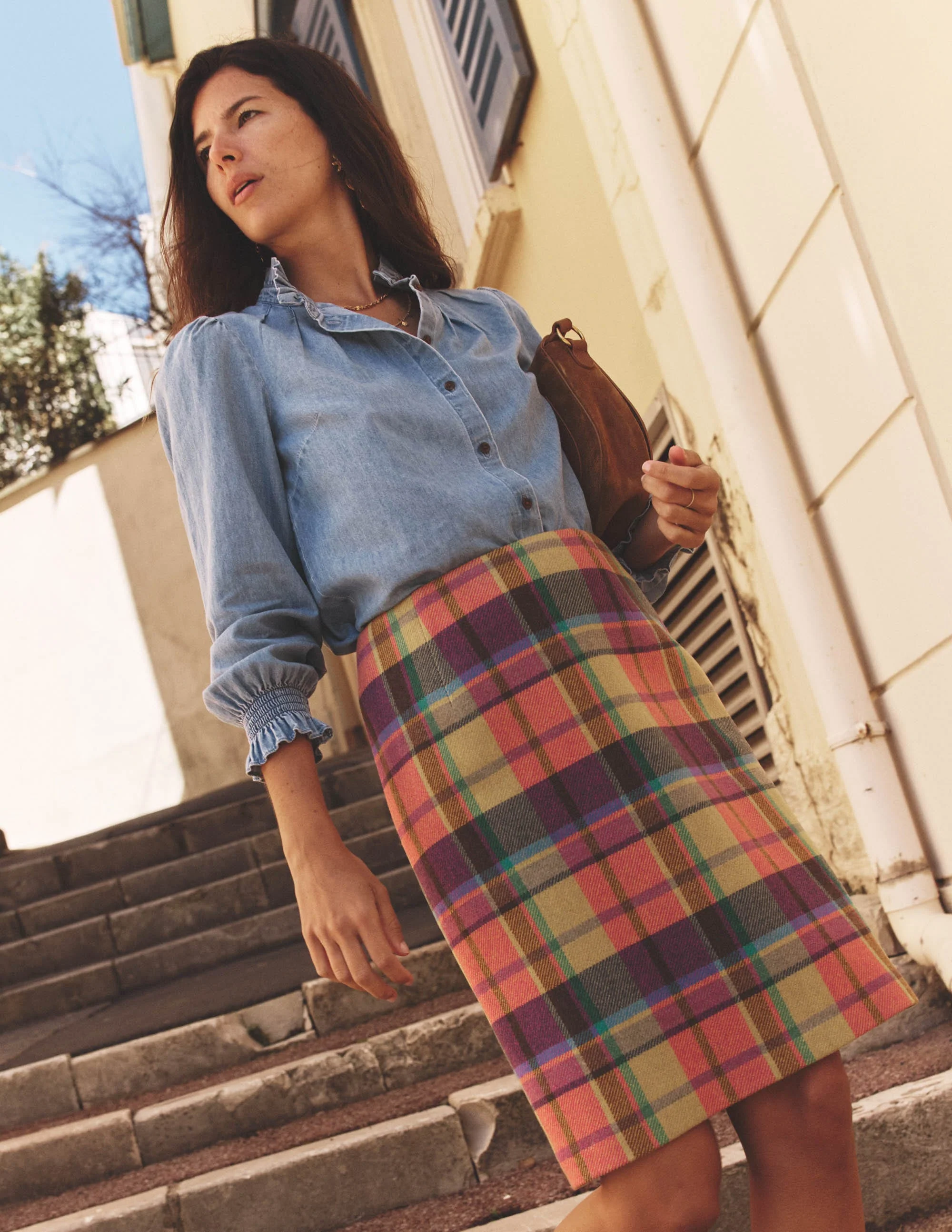 Wool A Line Mini Skirt-Yellow, Pink and Green Check - Image 5