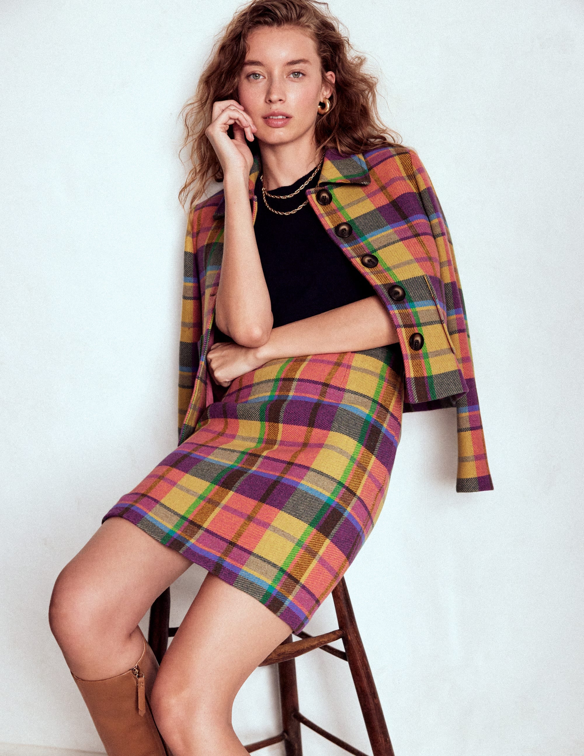 Wool A Line Mini Skirt-Yellow, Pink and Green Check - Image 6