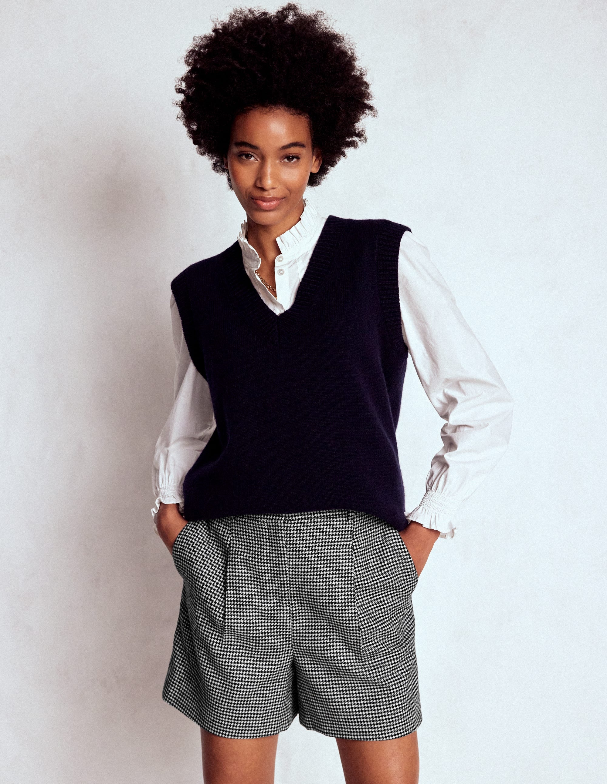 Wool Tailored Shorts-Black and Ivory Puppytooth