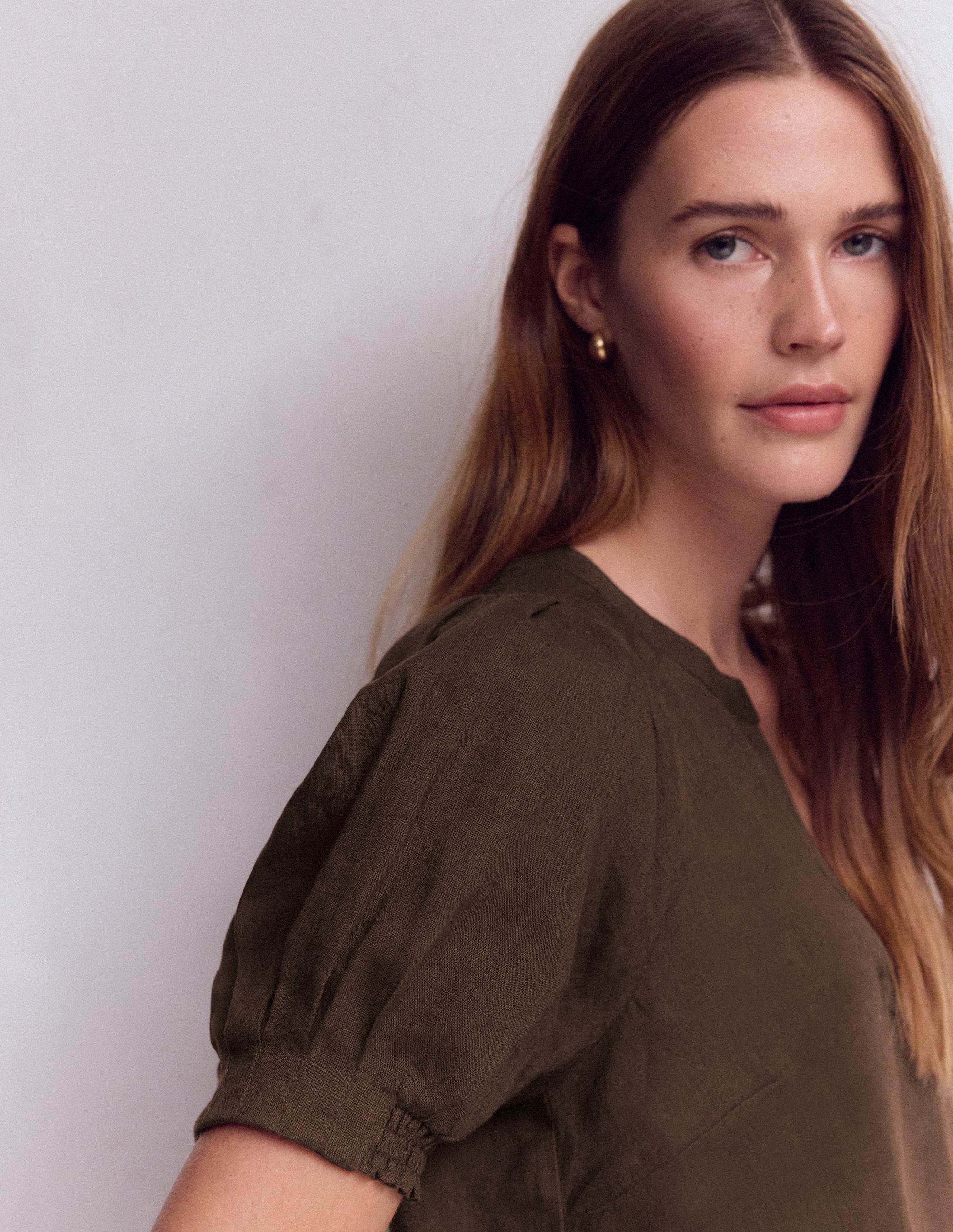 Yoke Collar Linen Top-Brown - Image 2