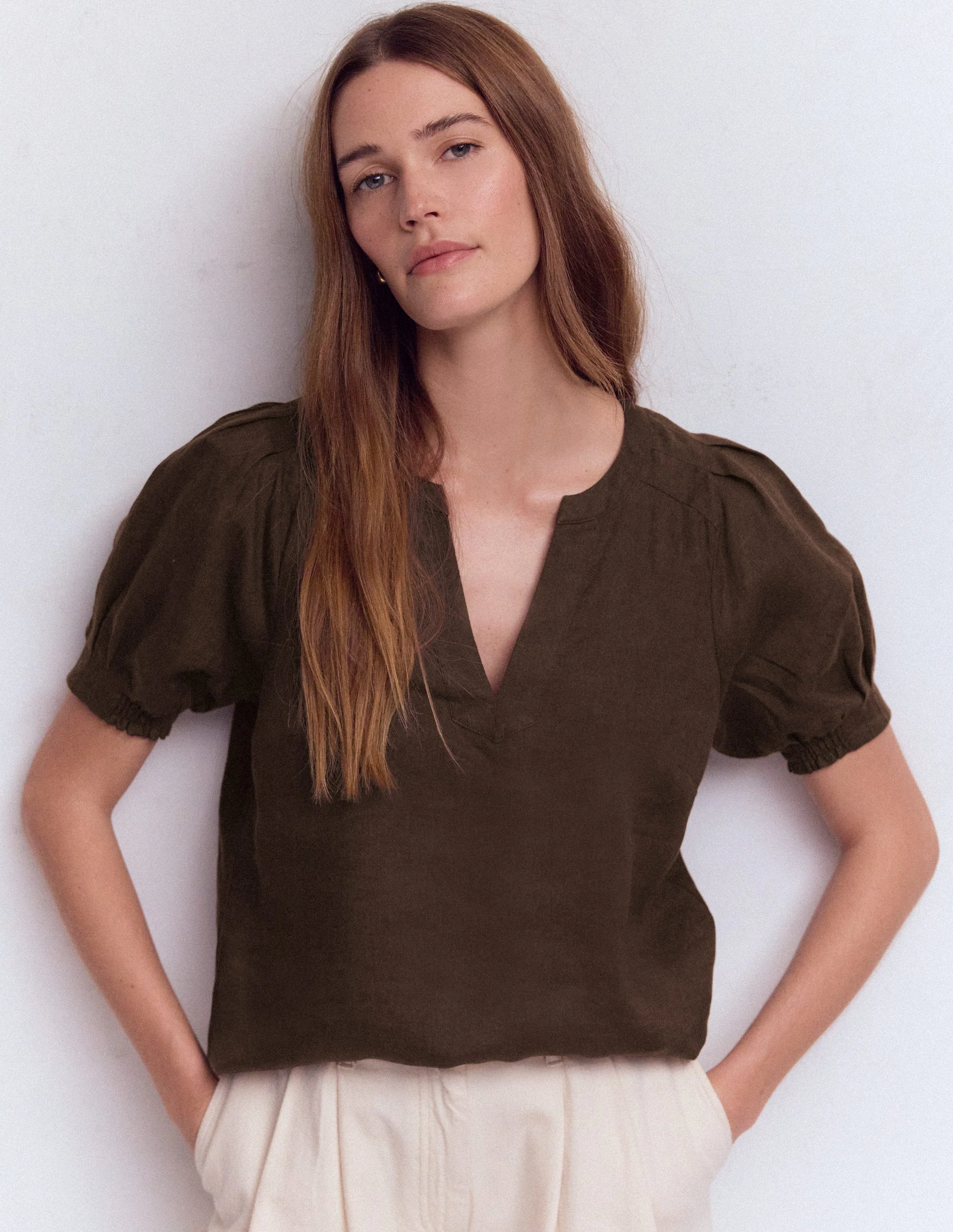 Yoke Collar Linen Top-Brown - Image 4