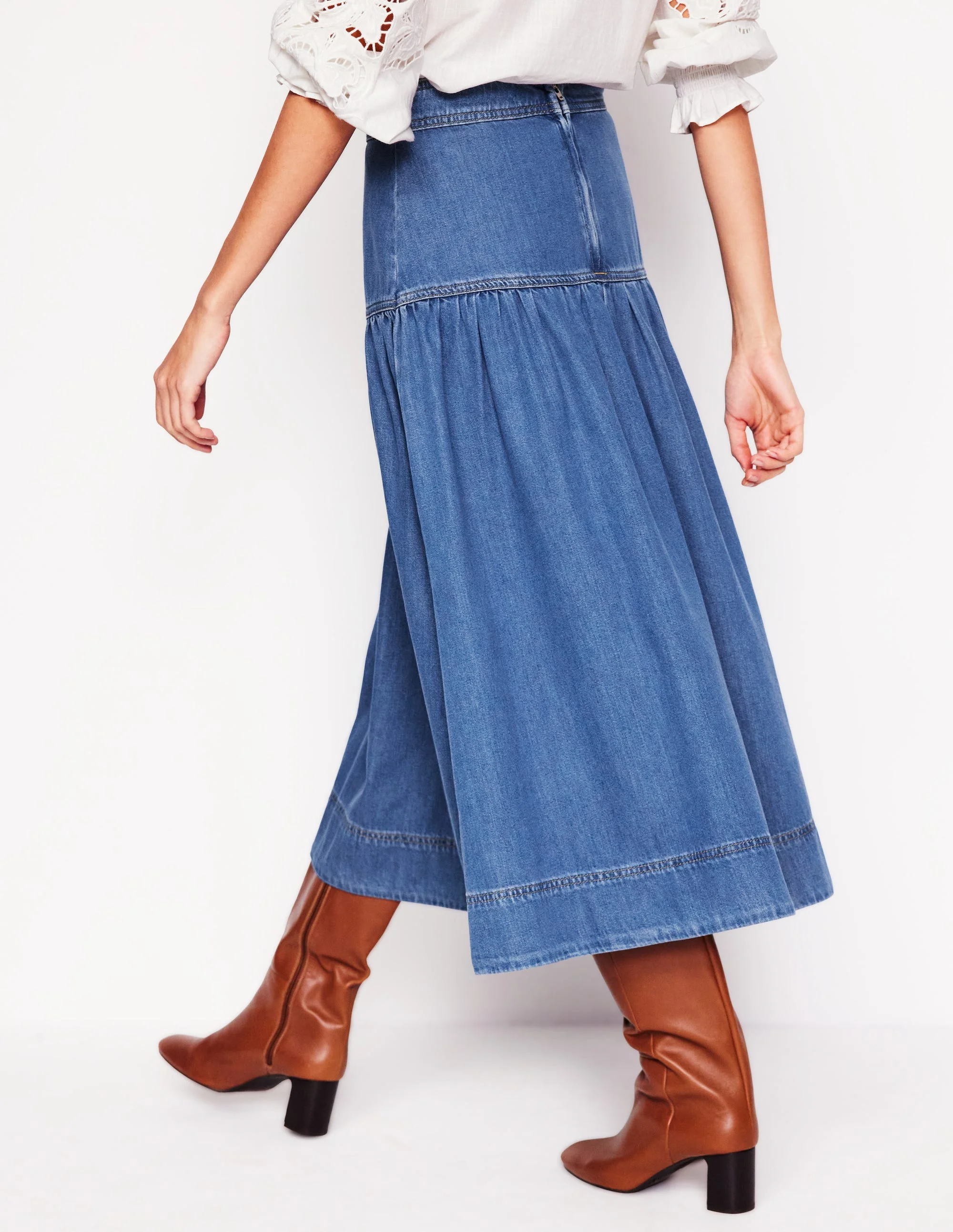 Yoke Detail Denim Midi Skirt-Mid Vintage - Image 3