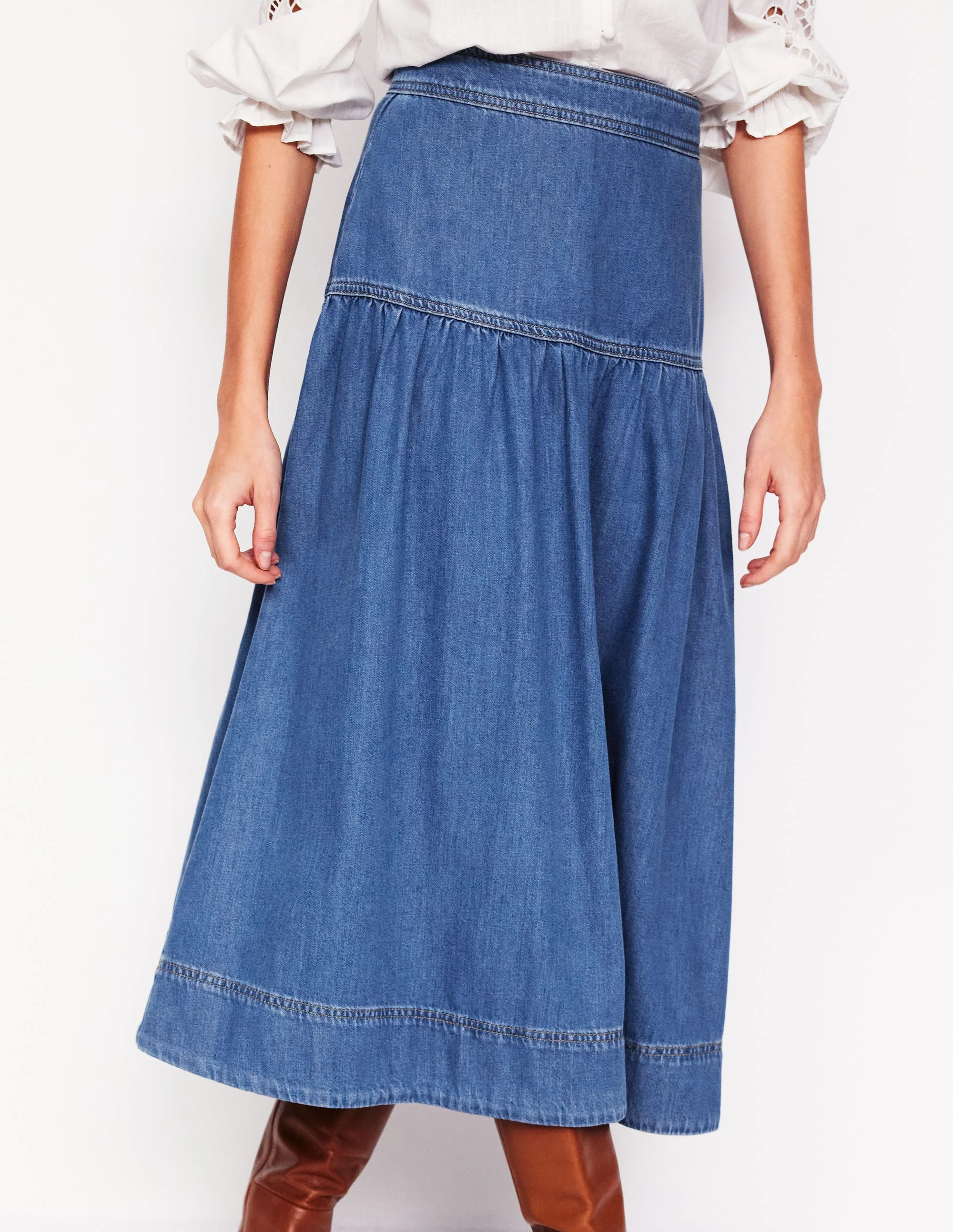 Yoke Detail Denim Midi Skirt-Mid Vintage - Image 4