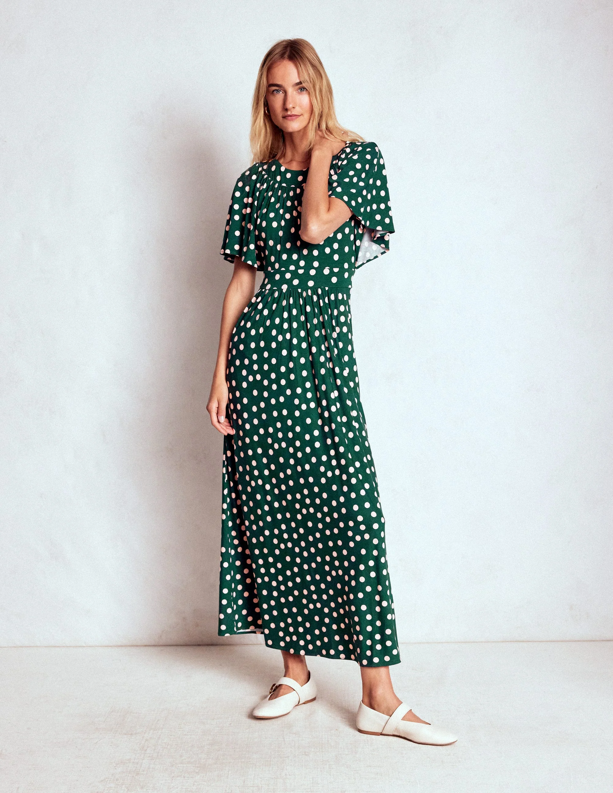 Yoke Panel Maxi Dress-Emerald Night, Painted Dot - Image 4
