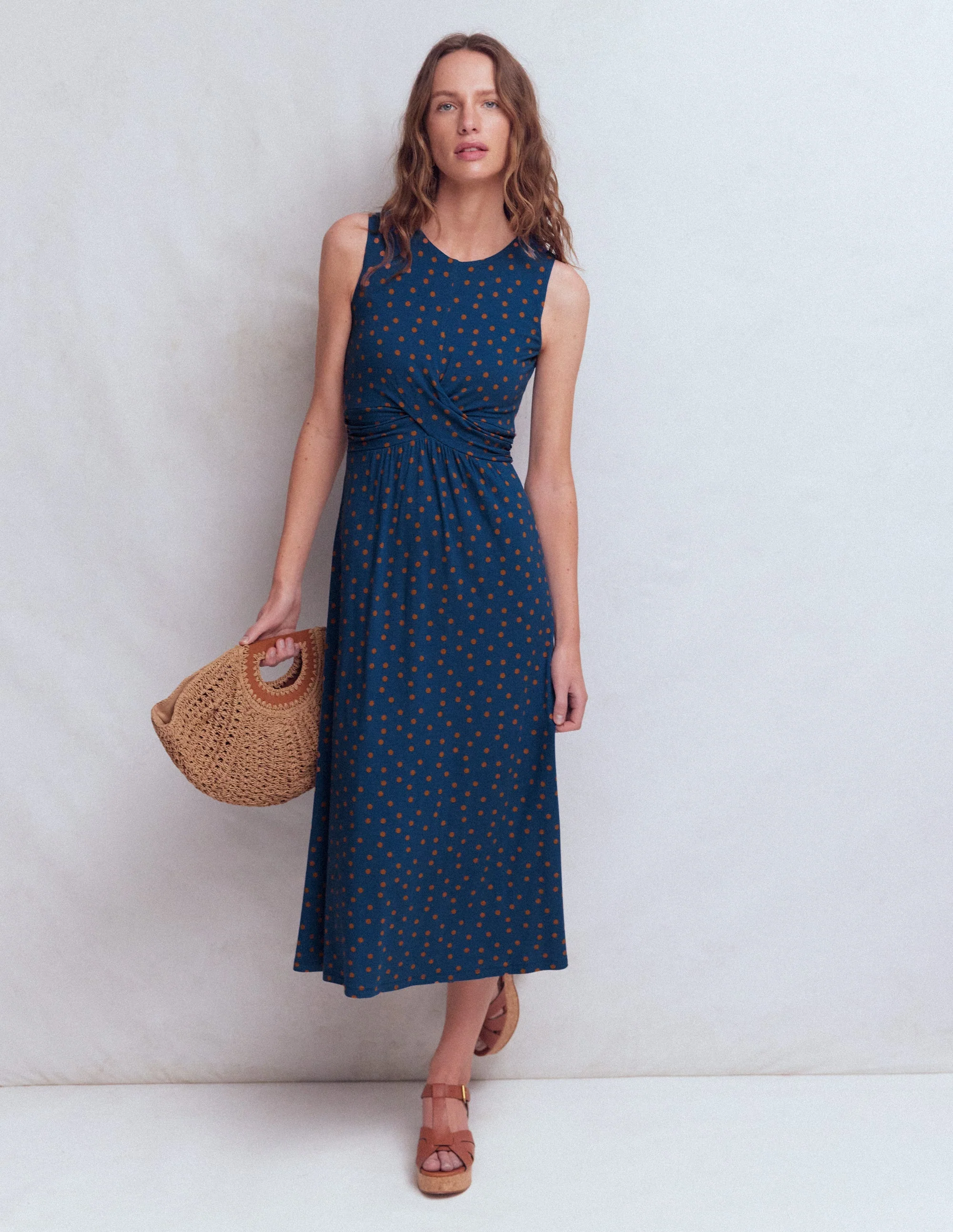 Zara Cross Waist Jersey Dress-Tourmaline Blue, Painted Dot