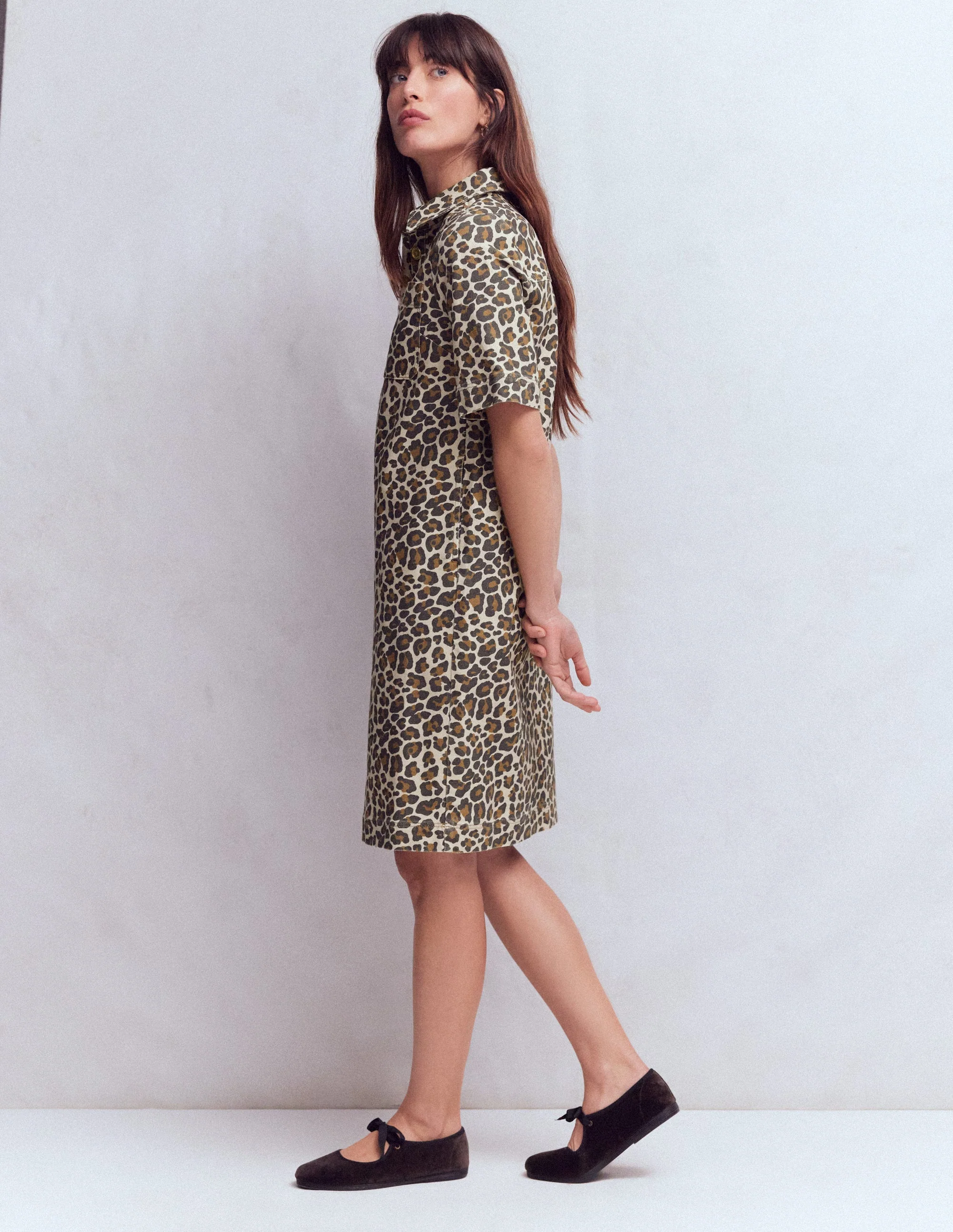 Zia Denim Pocket Shift Dress-Almond Milk, Cheetah Pop - Image 4
