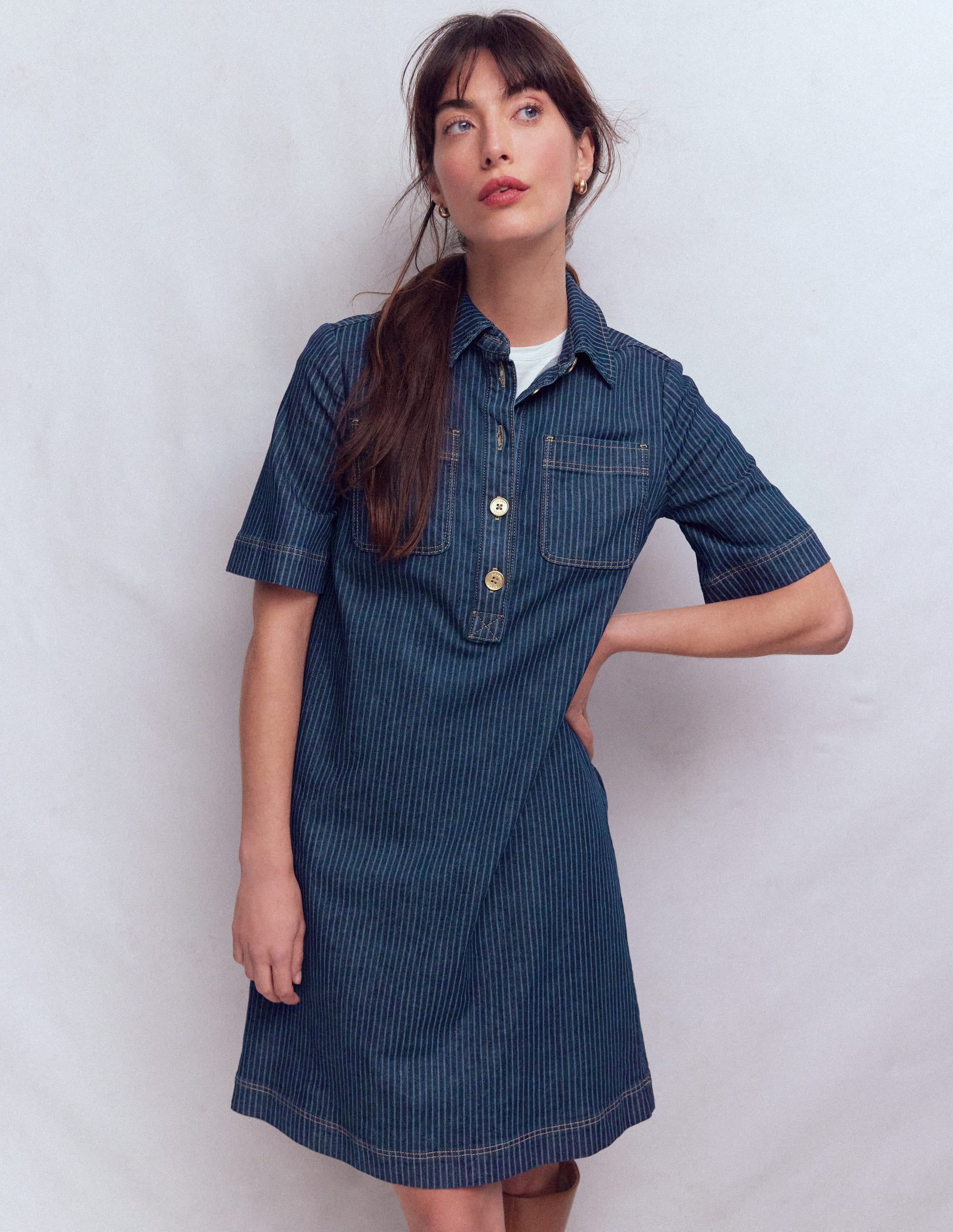 Zia Denim Pocket Shift Dress-Indigo Stripe