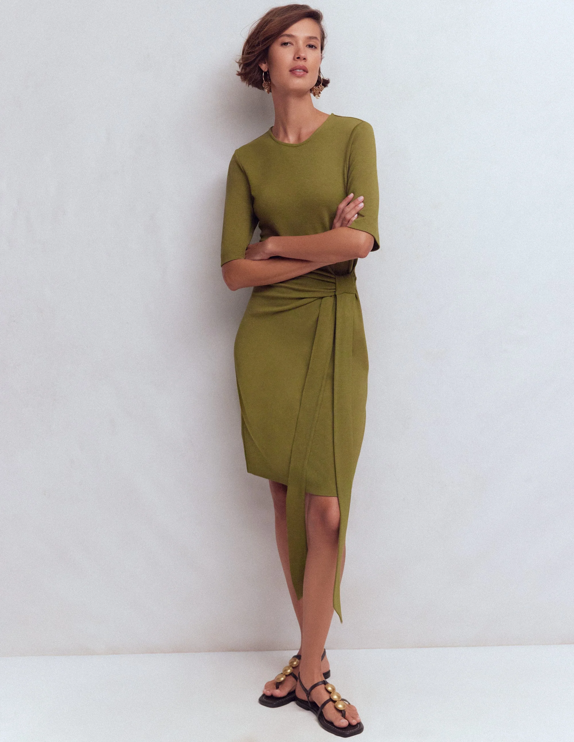 Zinnia Tie Jersey Short Dress-Olive