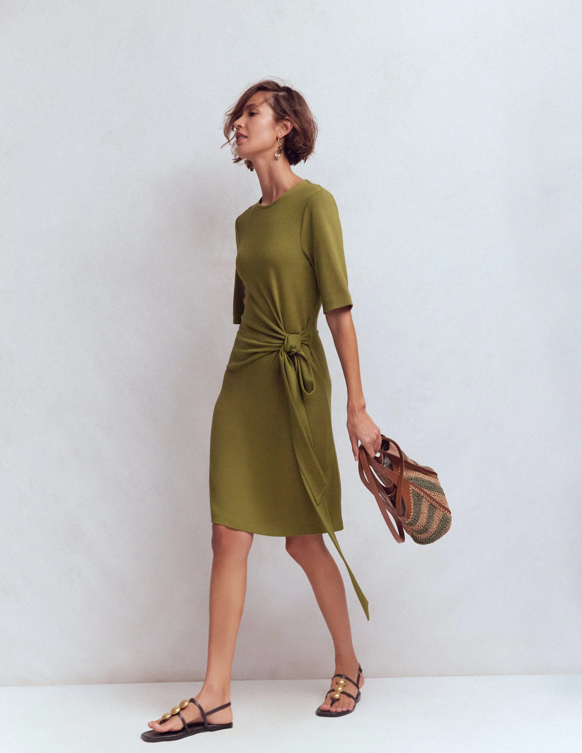 Zinnia Tie Jersey Short Dress-Olive - Image 4