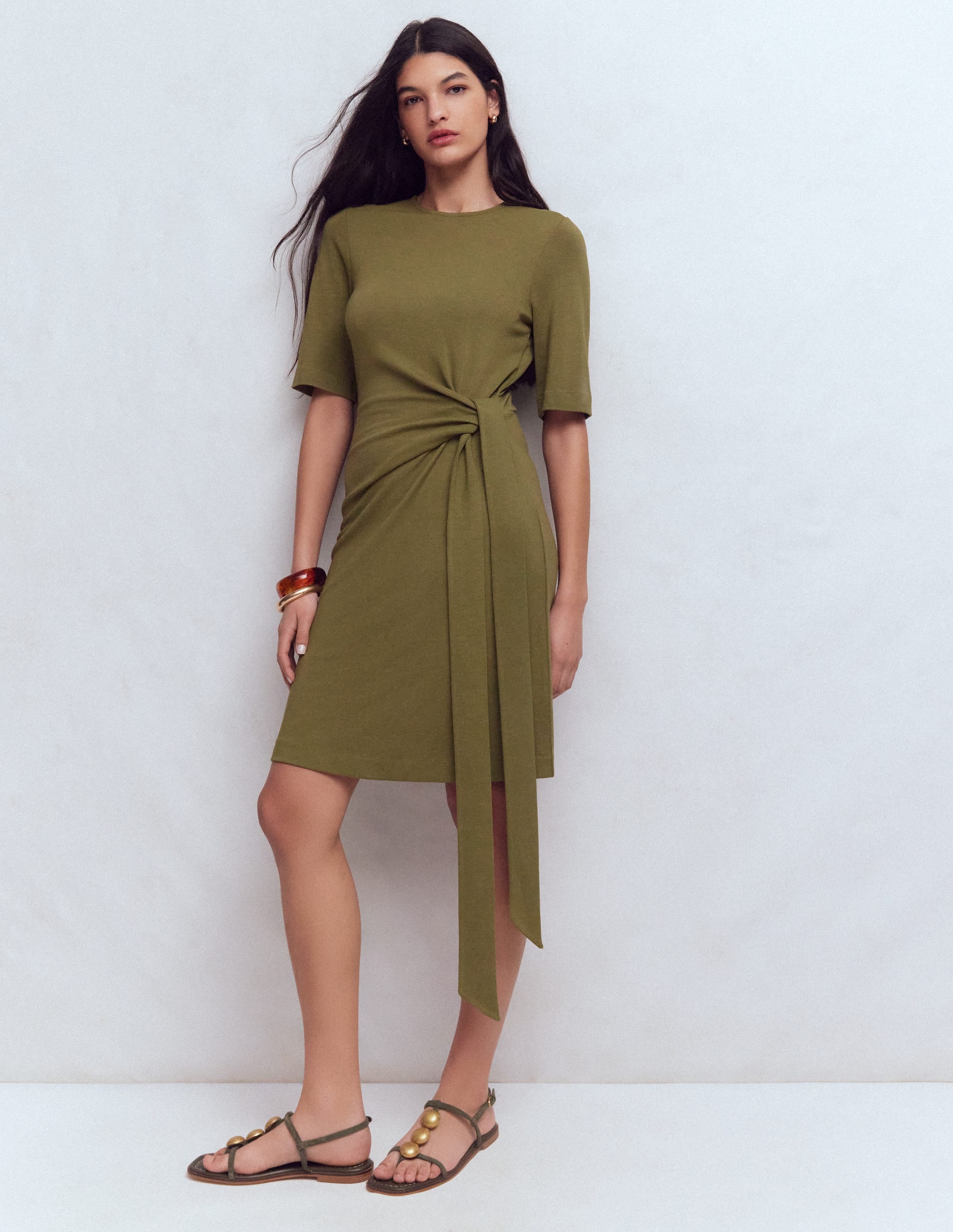 Zinnia Tie Jersey Short Dress-Olive - Image 6
