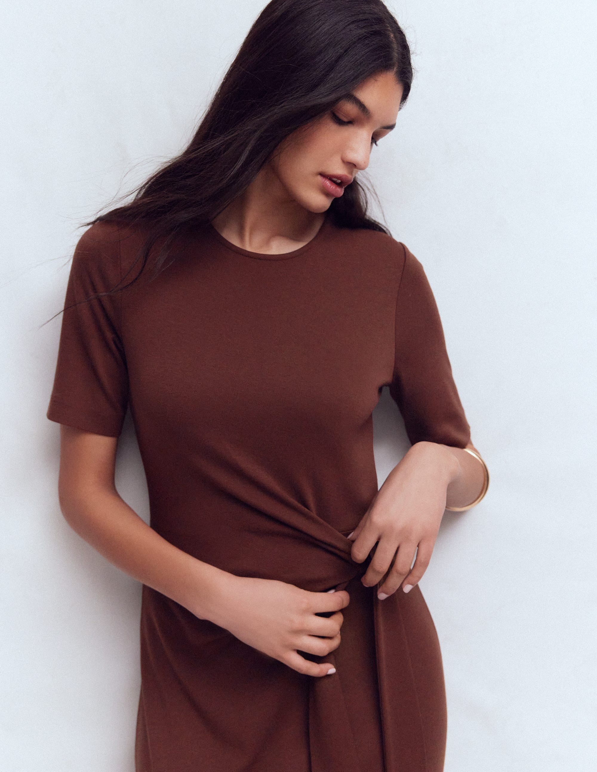 Zinnia Tie Ponte Midi Dress-Espresso - Image 7