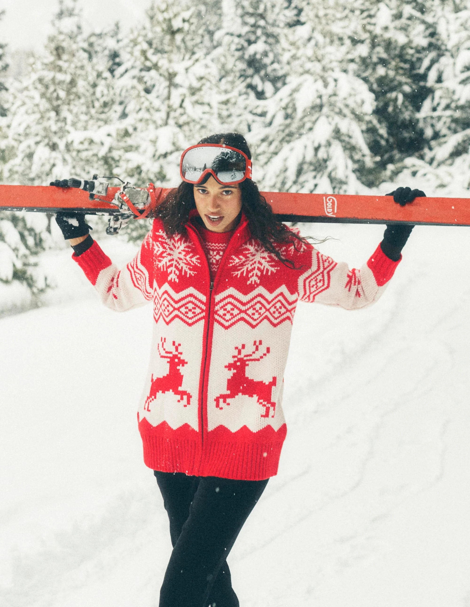 Zip Up Jacquard Cardigan-Poppy Red Reindeer - Image 7