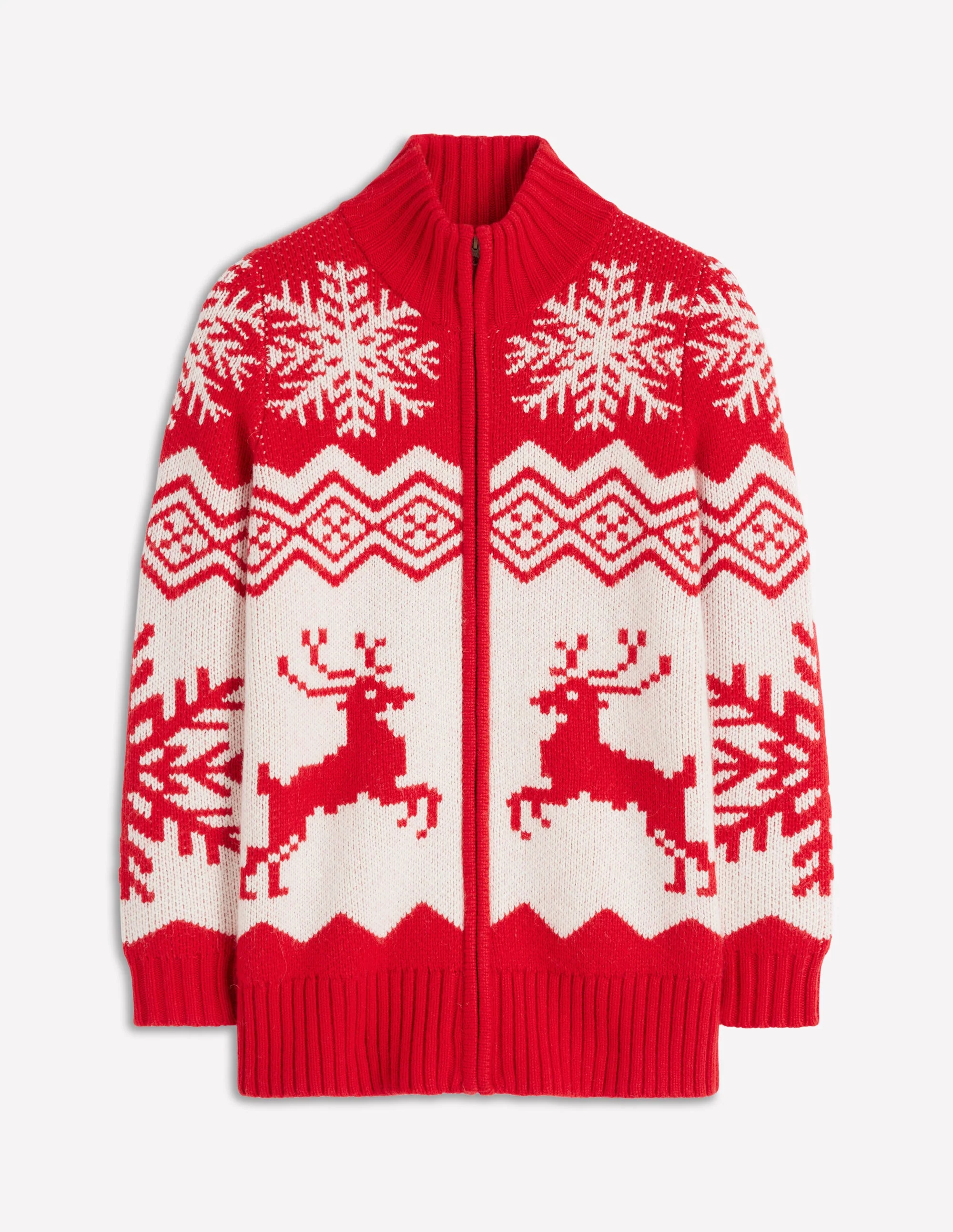 Zip Up Jacquard Cardigan-Poppy Red Reindeer - Image 8